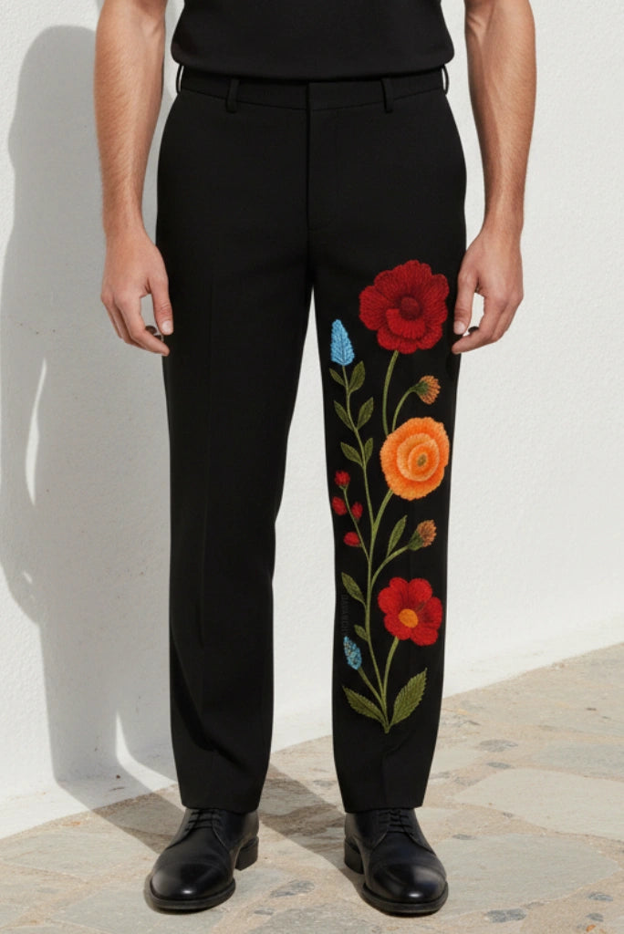 Men Black Floral Embroidered Pant-Front