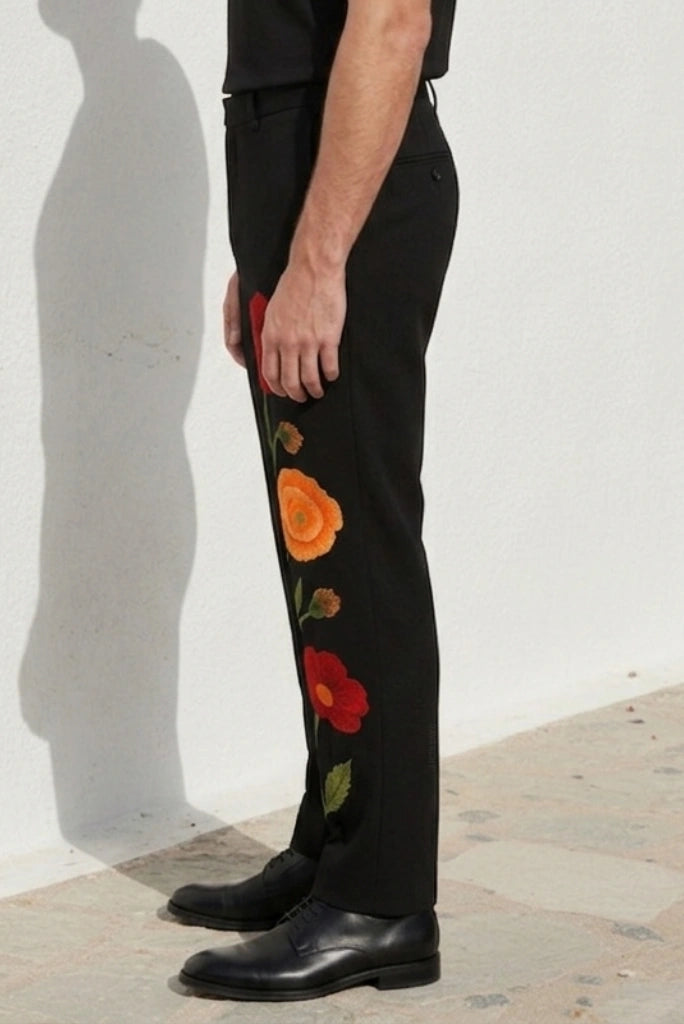 Men Black Embroidered Pant-Side
