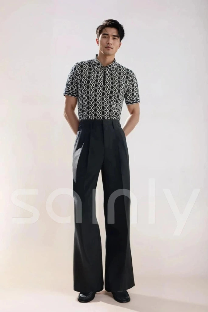 Men black high waisted pleated bootcut pant-front
