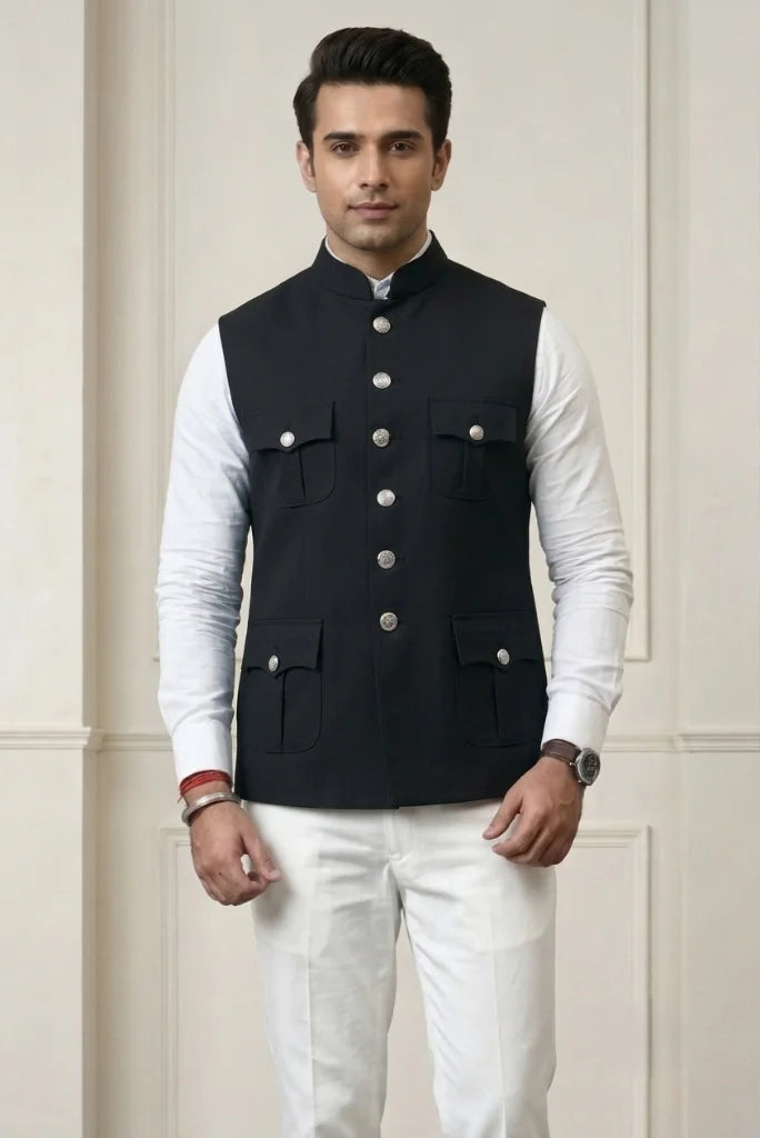 Men Black Hunter Jacket With Classic Safari Style – Front