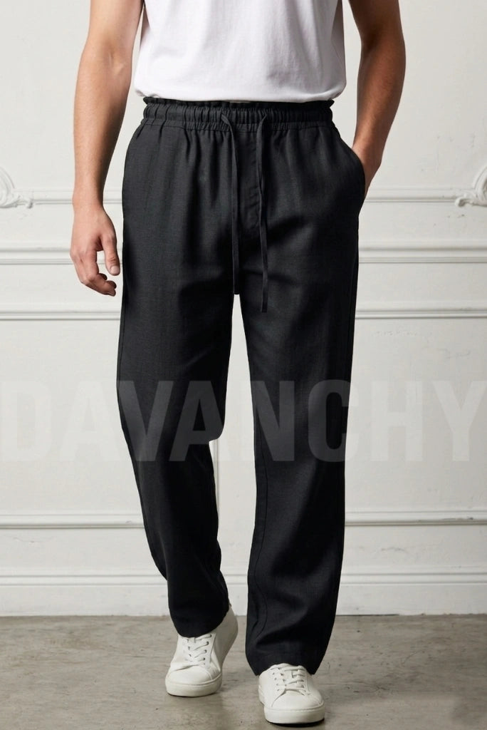 Men Black Linen Summer Pant-Front