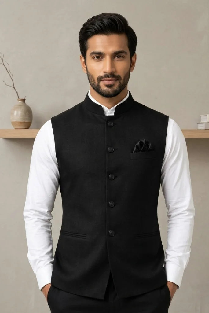 black linen Nehru jacket, front