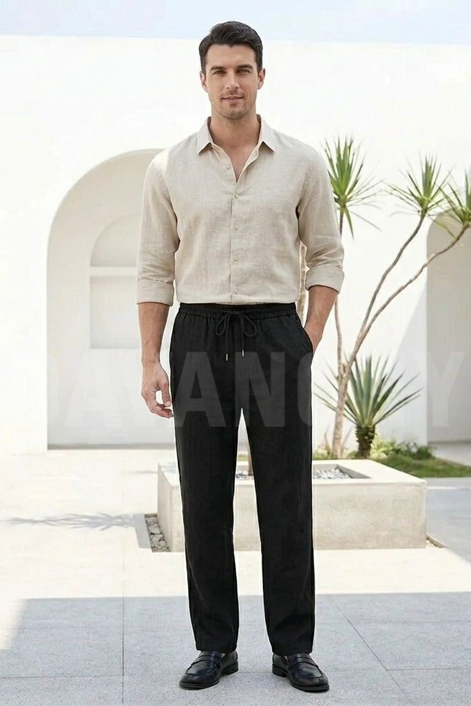 Men Black Linen Pant-Full