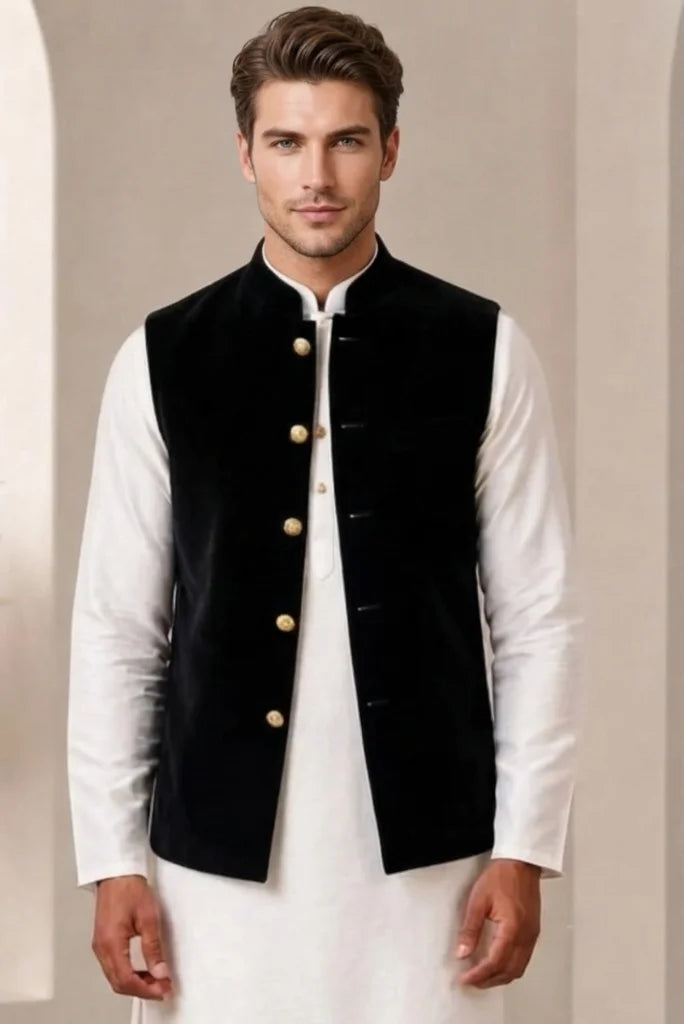 Men Black Velvet Nehru Jacket
