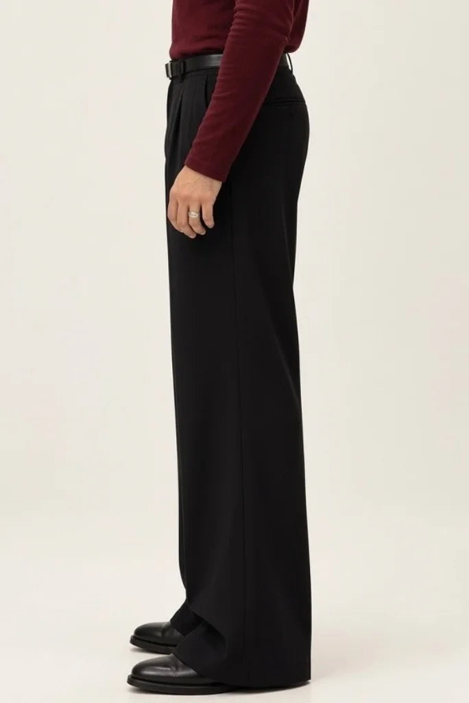 Black Wide Leg Trouser for Men Pleated Formal Style-Side