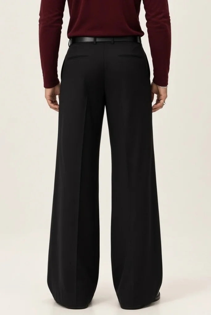 Men Black Wide Leg Trouser Relaxed Flared Design-Back