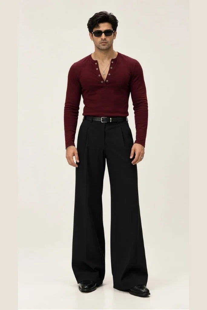 Men Black Wide Leg Trouser High-Rise Tailored Fit-Full Look