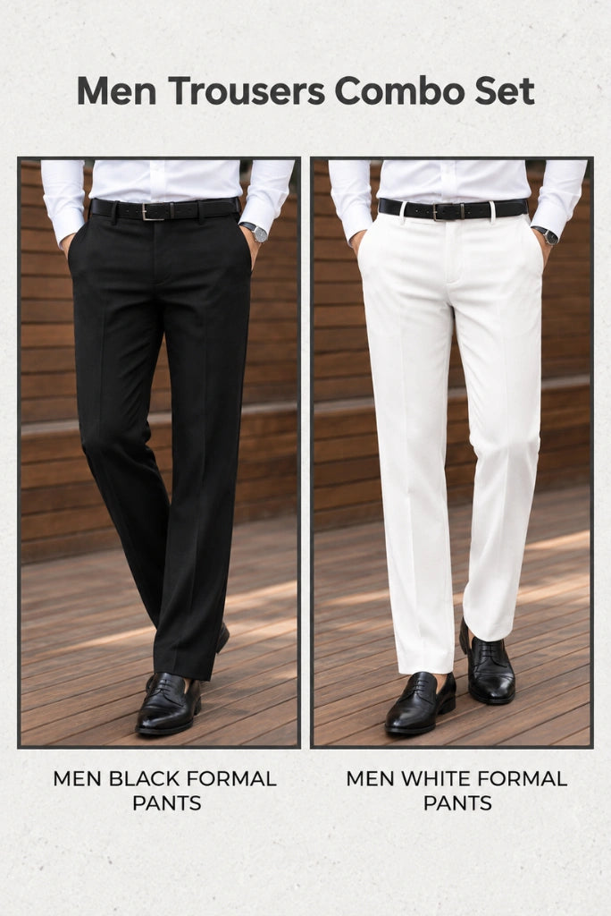 Men Black and White Formal Pant Combo Set