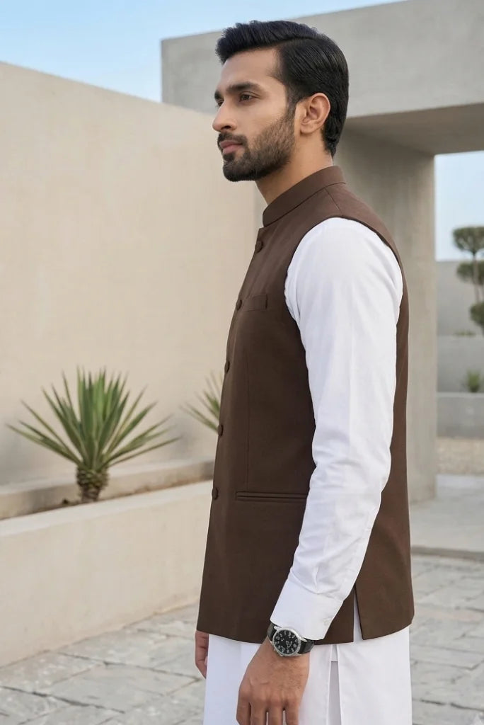 Brown Casual Party Waistcoat for Men's– Side  