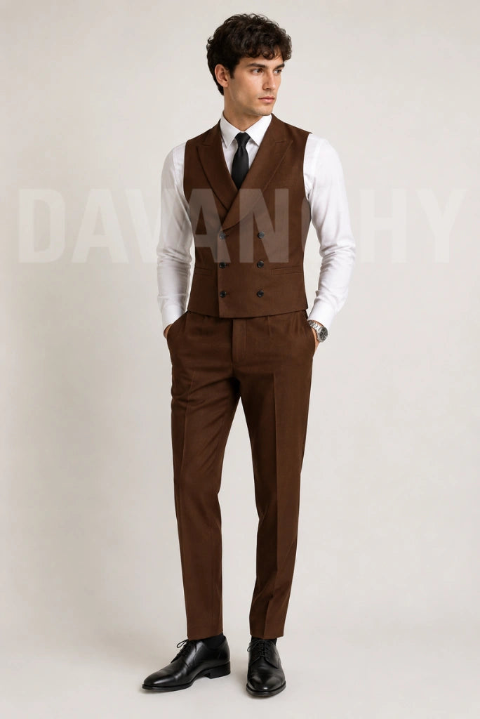Men Brown Waistcoat and Pant Set-Front