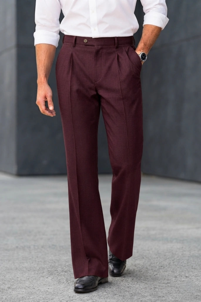 Men Burgundy Bootcut Pleated Formal Pant Front