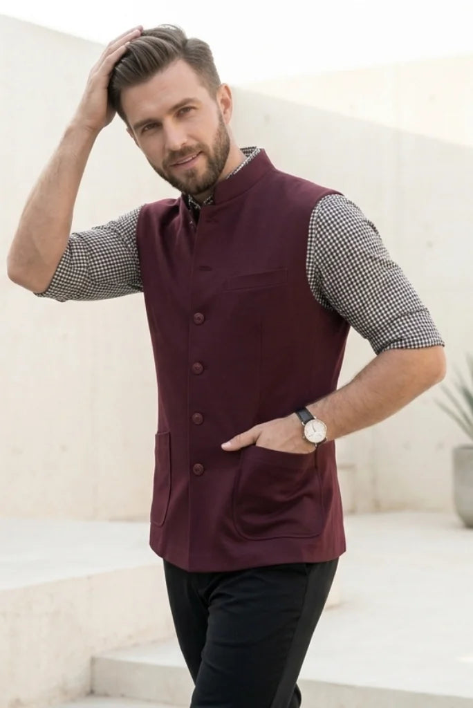 Elegant burgundy waistcoat for men stylish outing wear