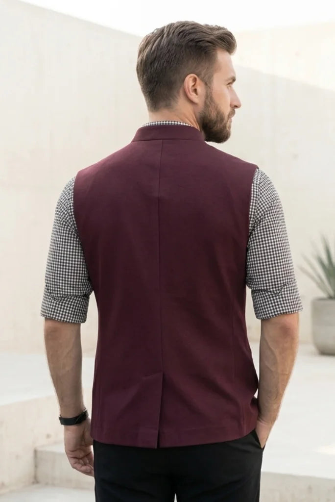 Men burgundy single breasted Nehru jacket