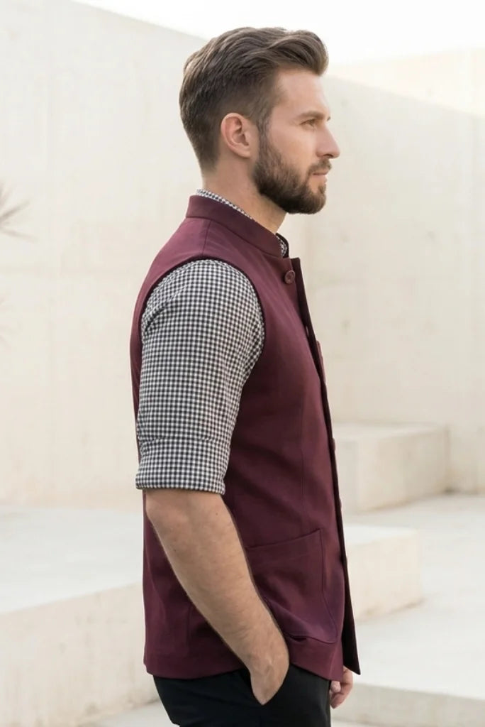  Men burgundy sleeveless Nehru jacket waistcoat