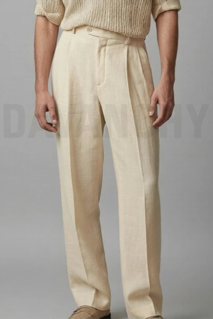 Men Cream Pleated Linen Pant-Front