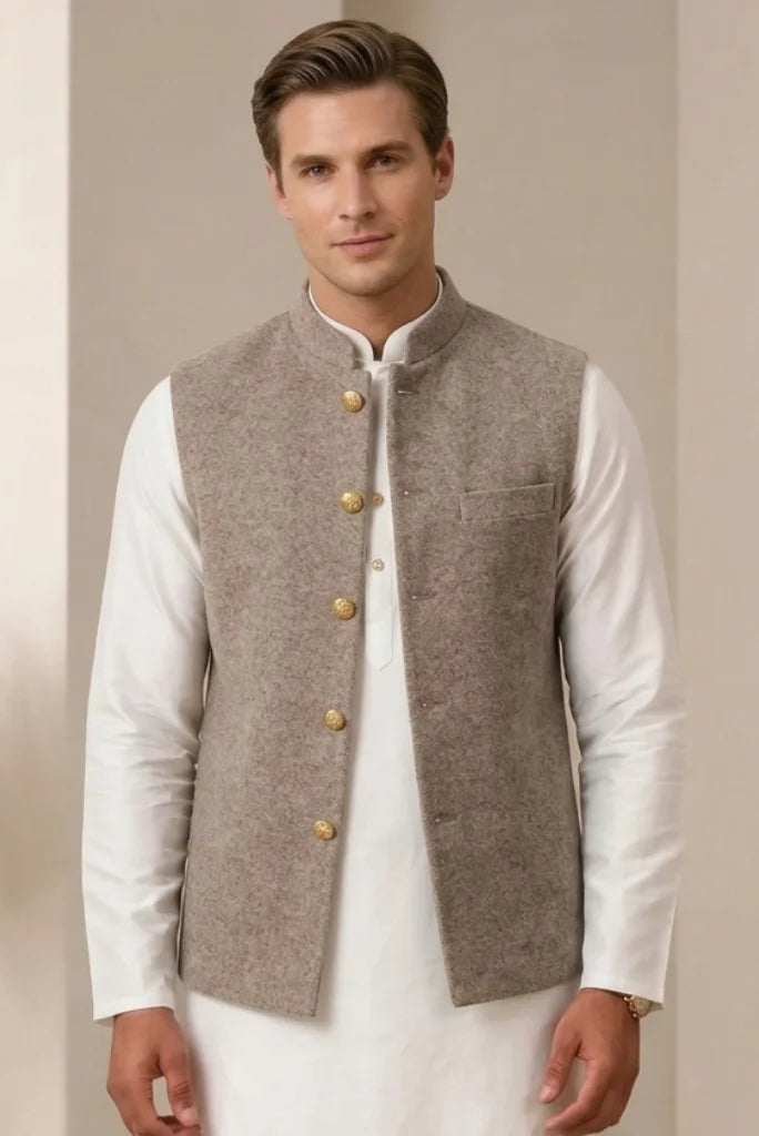 Cream Tweed Nehru Jacket for Men front