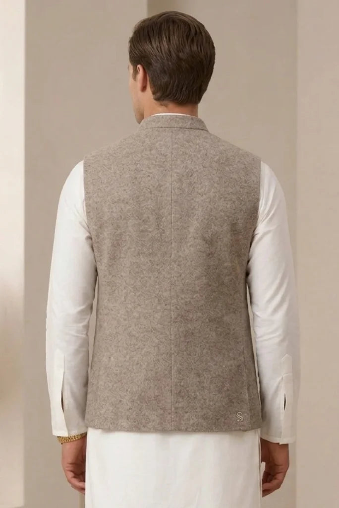 Stylish Cream Tweed Waistcoat Jacket for Indian Ethnic Wear back