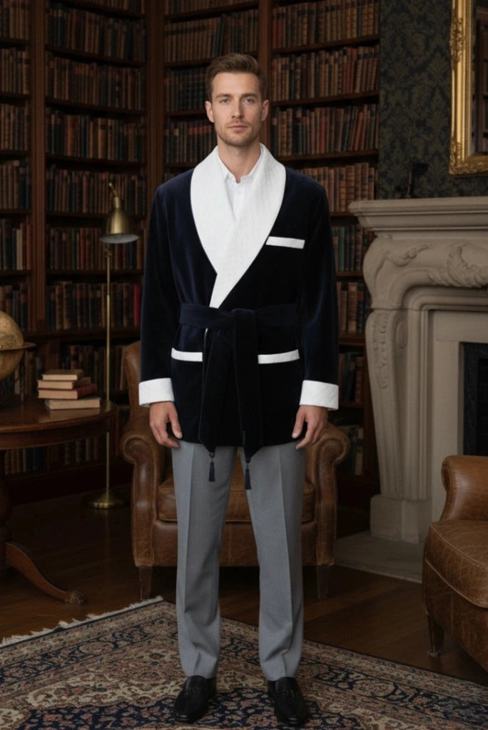 Men Dark Blue Velvet Smoking Jacket with Quilted Detailing