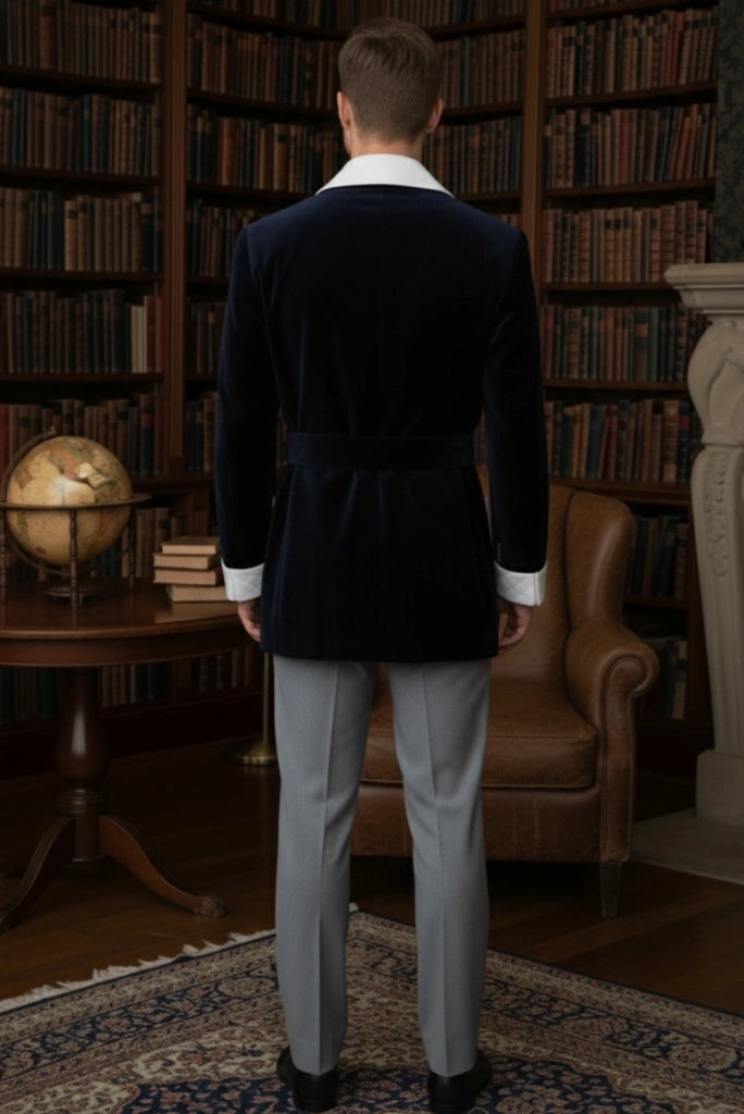 Men Dark Blue Velvet Smoking Jacket with Quilted Detailing