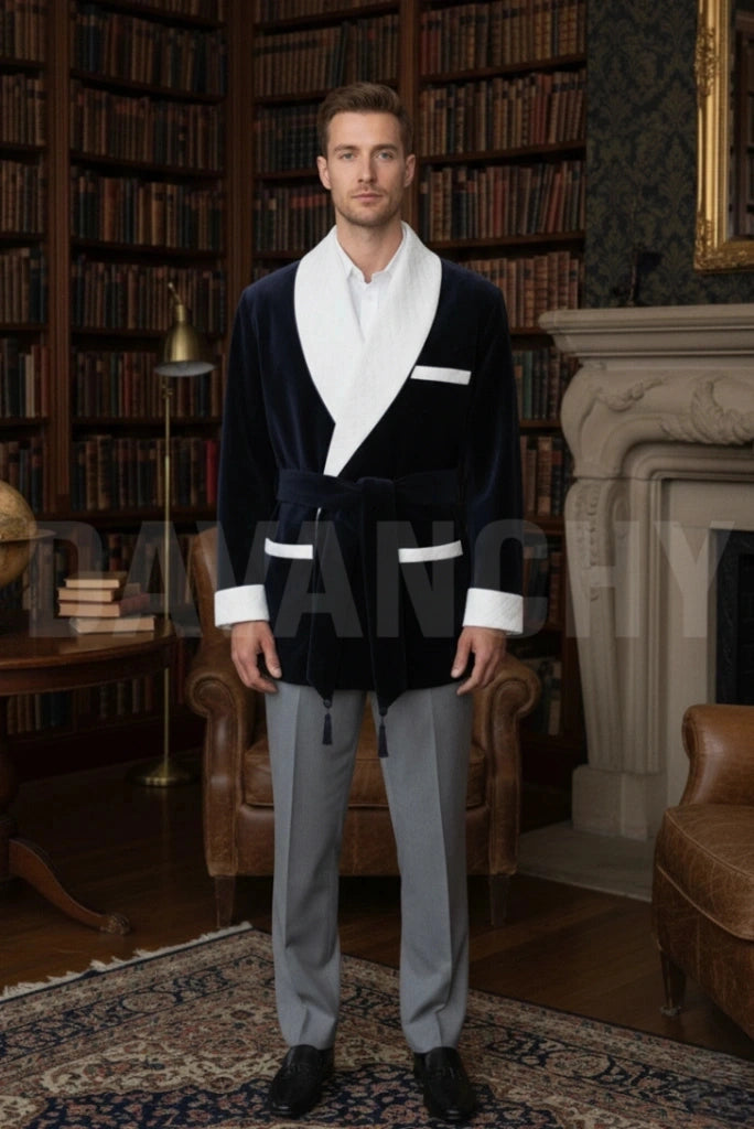 Men Dark Blue Premium Smoking Jacket-Front