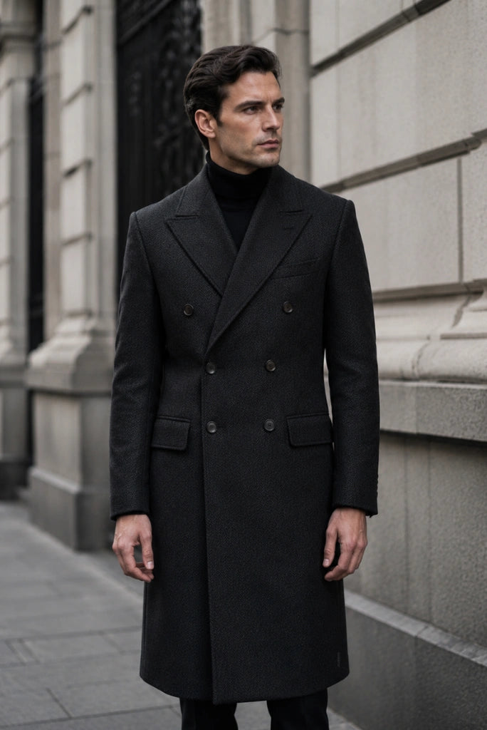 Men Dark Grey Formal Tweed Trench Coat-Front