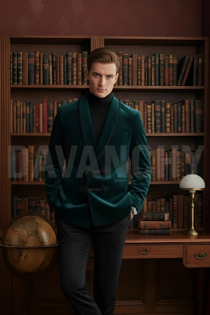 Men Emerald Green Premium Smoking Jacket-Front