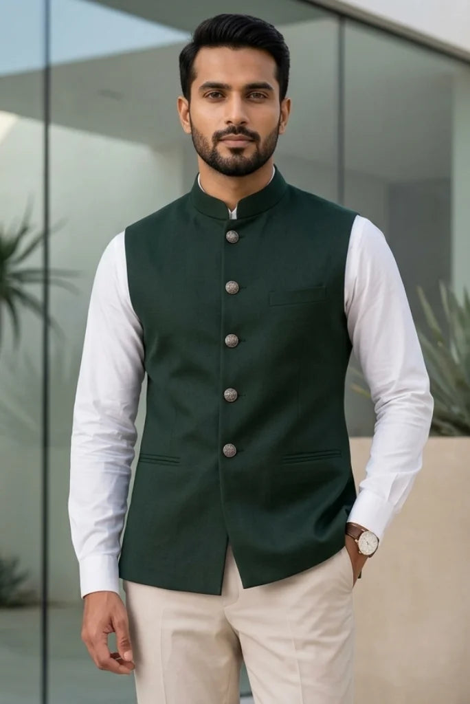 Men emerald green nehru jacket - Front