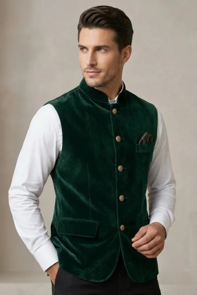 Emerald Green Gold tone Button Jacket For Men side