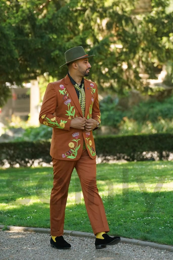 Men rust color embroidered suit for wedding and events-Side