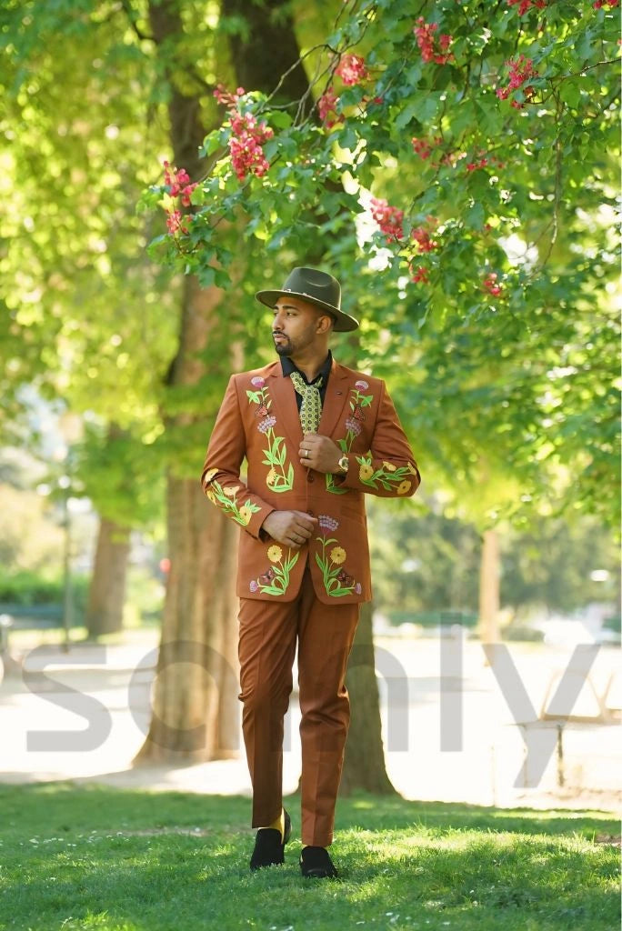 Elegant men rust embroidered two piece formal suit