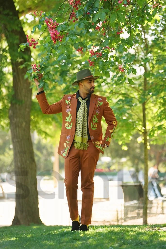 Men rust suit with detailed embroidery design