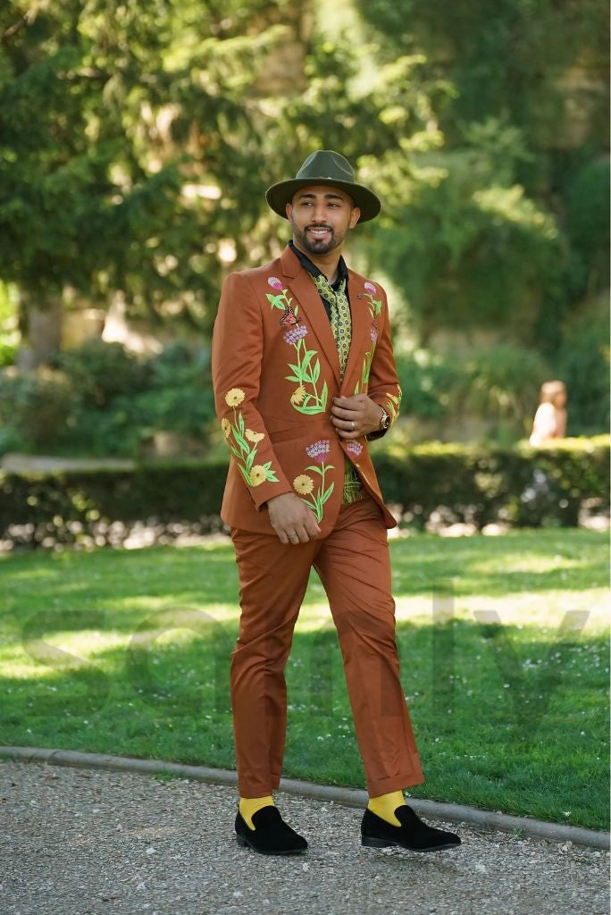 Men rust embroidered blazer and pants outfit