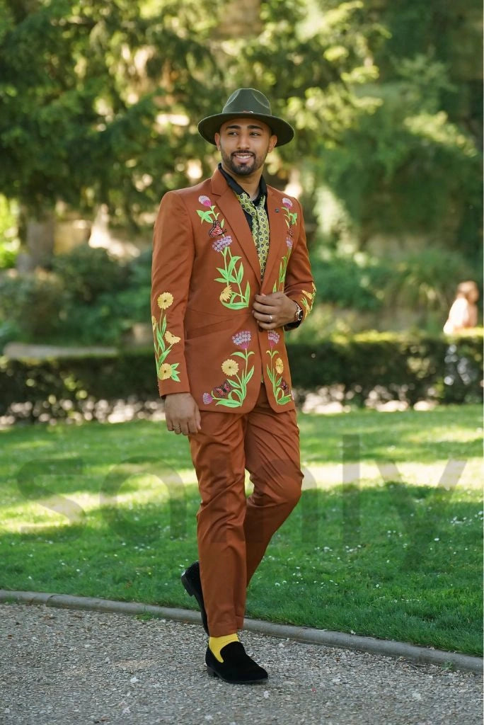 Men premium rust embroidered suit for party wear