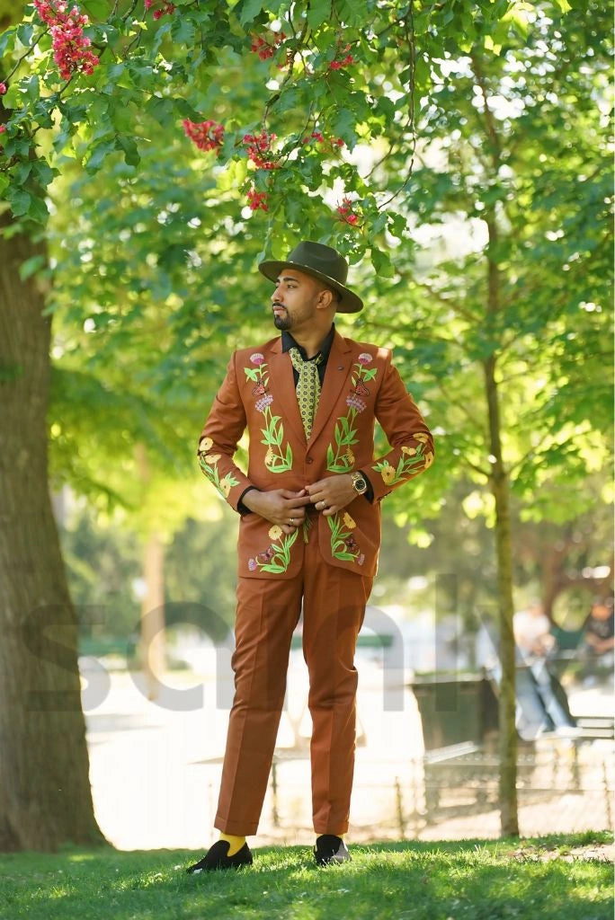 Men rust embroidered formal 2 piece suit look