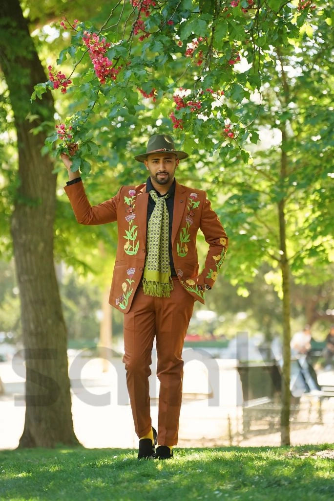 Men rust embroidered suit set for festive occasions