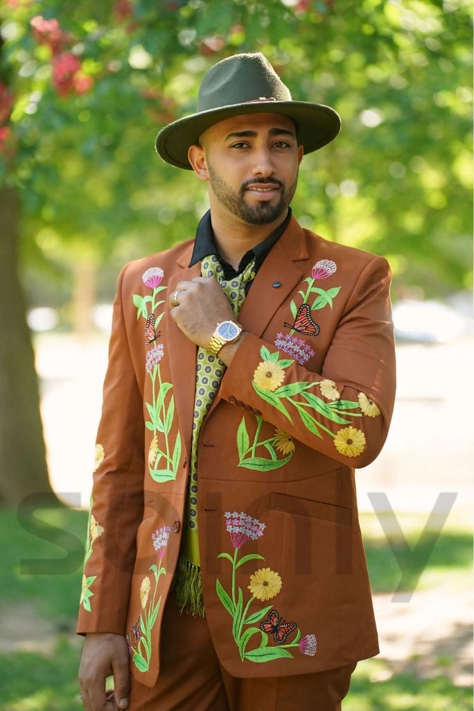 Stylish men rust embroidered blazer and trouser set