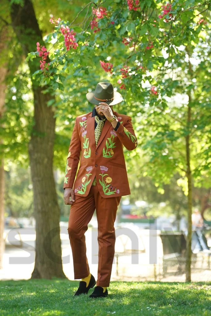 Men embroidered rust blazer and matching trousers