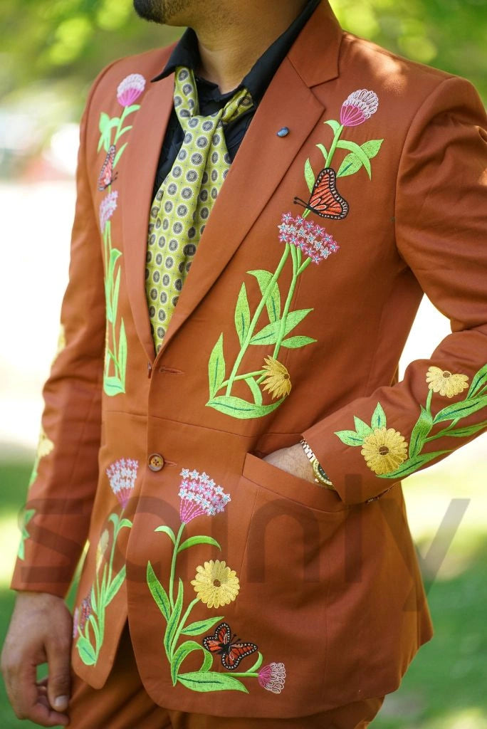 Men rust formal suit with designer embroidery