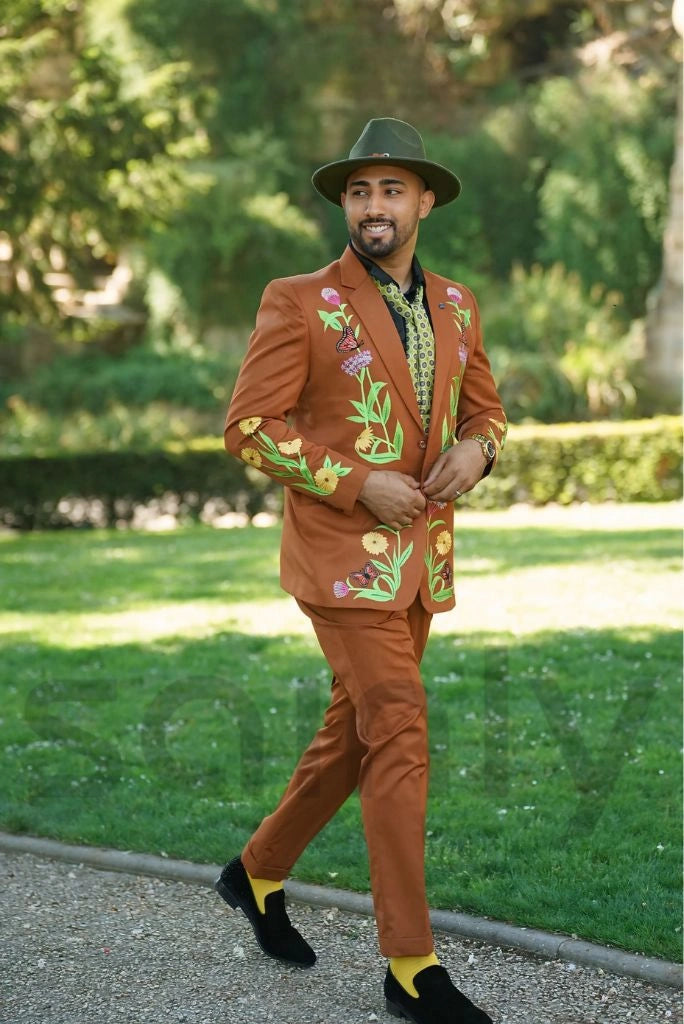 Men rust embroidered outfit for celebration wear