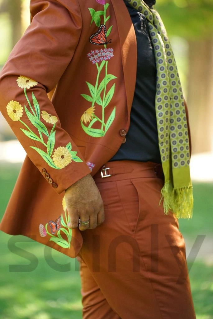 Men rust embellished blazer and pant set