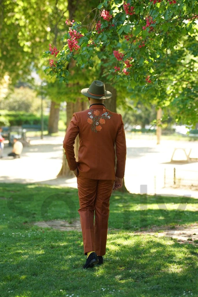Men rust handcrafted embroidered two piece suit