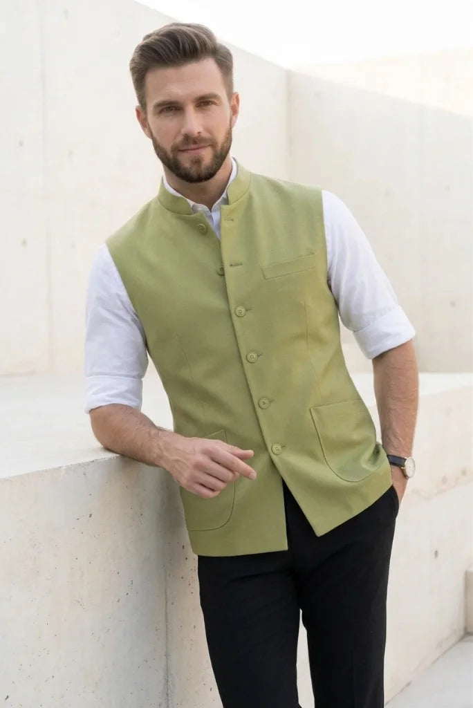 Men’s Pista Green Nehru Jacket for Festive and Wedding Wear