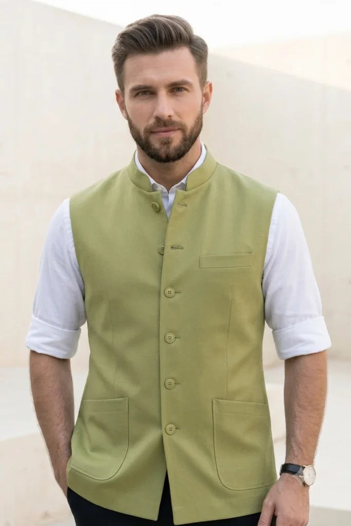 Men Pista Green Nehru Jacket-Front