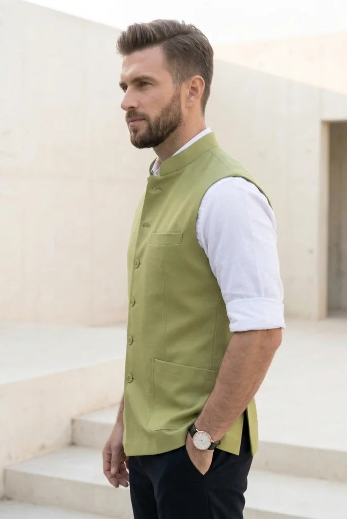 Men's Green Nehru Jacket- Side