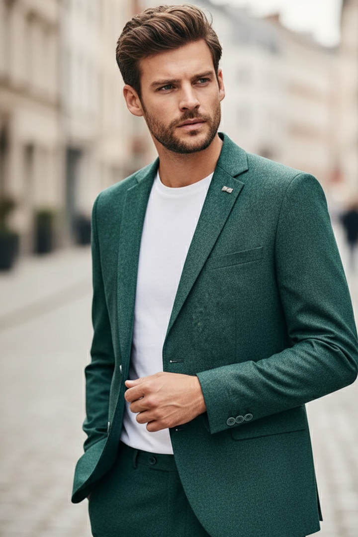 Elegant green tweed dinner blazer for groom