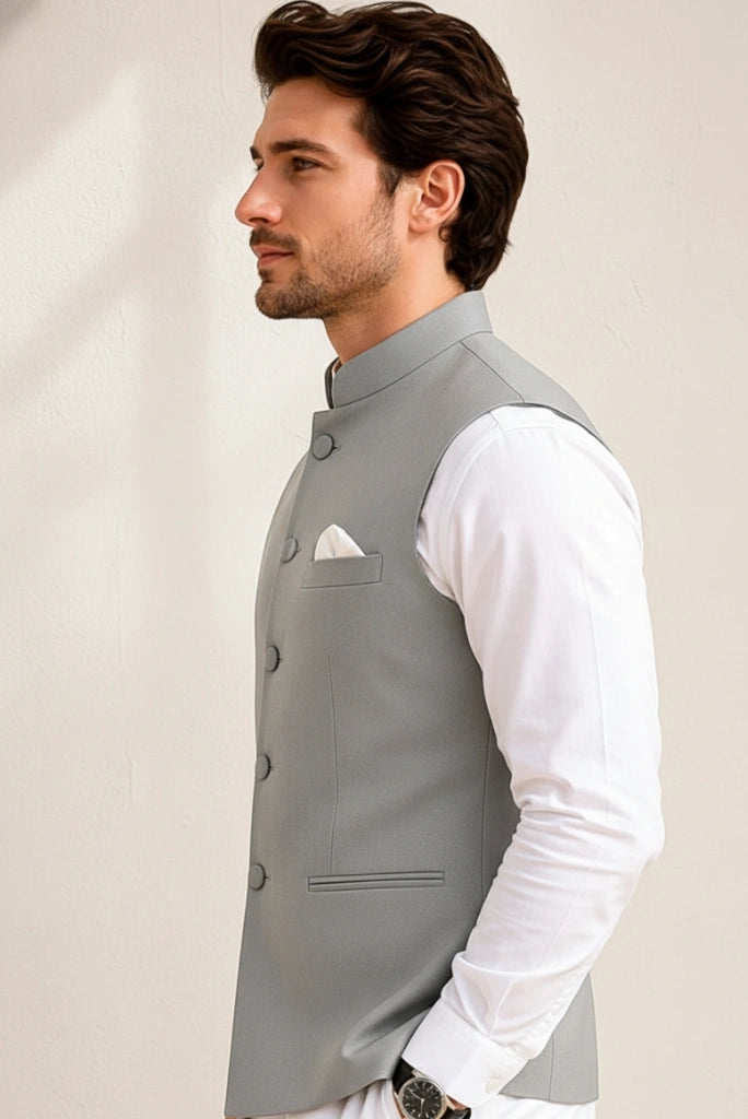Men grey Nehru style jacket for wedding and formal events - side view
