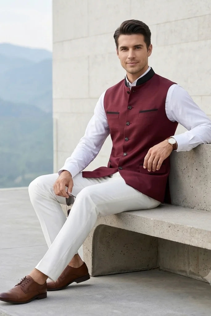 Elegant style maroon nehru jacket festive and formal wear