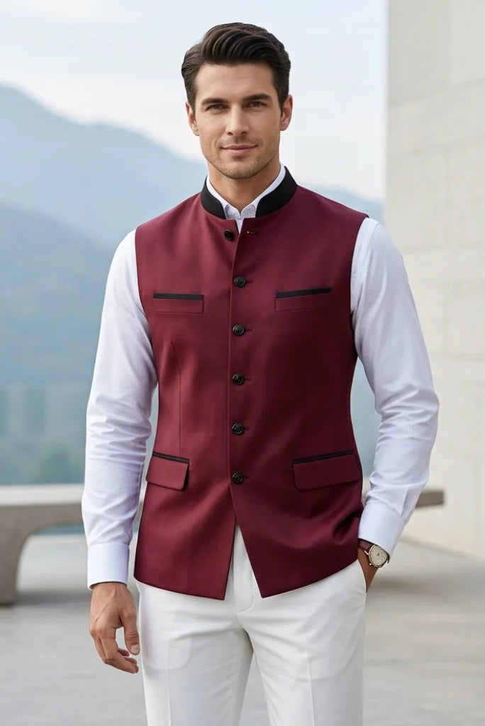 Men's maroon sleeveless nehru jacket-front