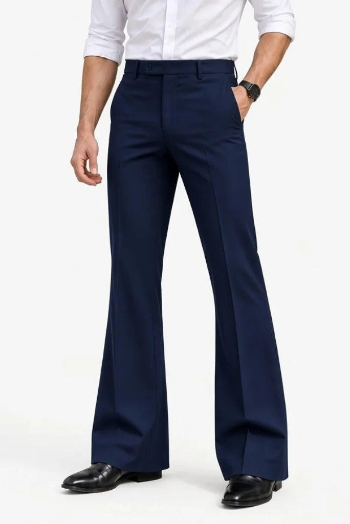 Mens Navy Blue Bell Bottom Vintage 70s Style Flat Front Trouser Front