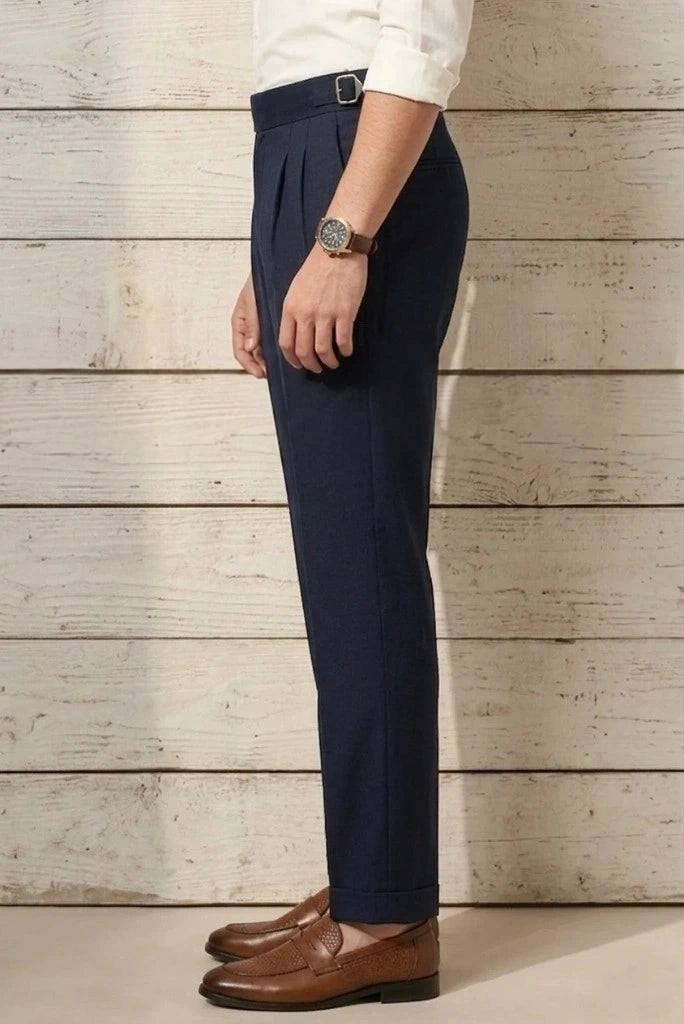 Men Navy Blue Buckle Style Pant-Side